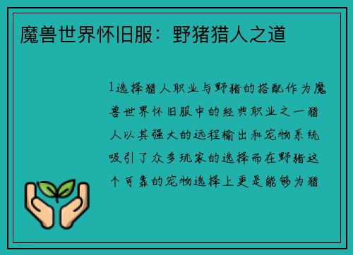 魔兽世界怀旧服：野猪猎人之道